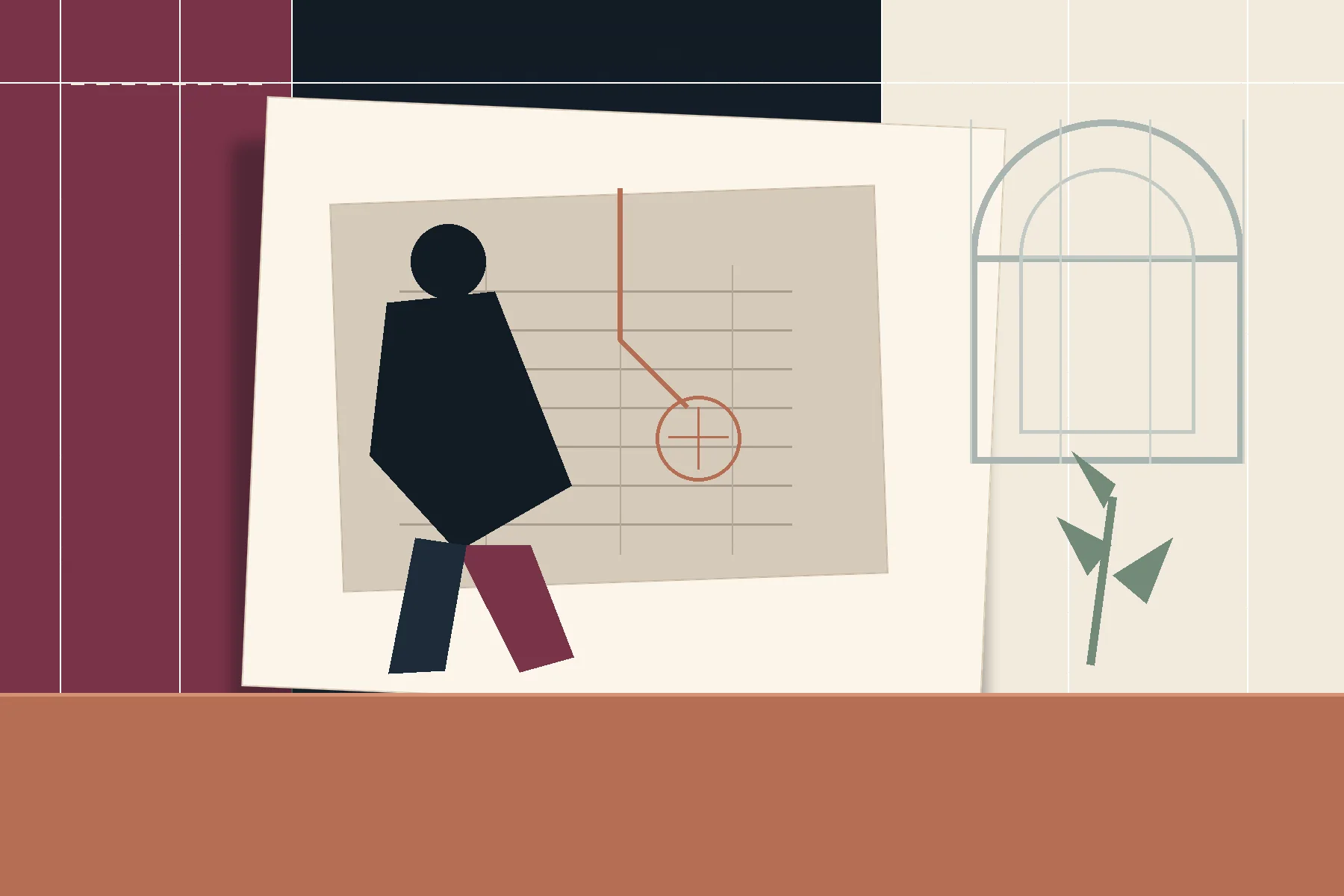 Illustration d’atelier : croquis épinglé d’une silhouette sur un quadrillage, fenêtre dessinée et plante géométrique.