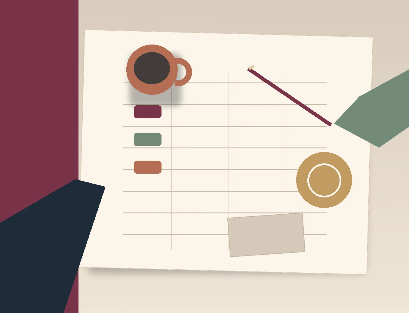Illustration : feuille lignée vue du dessus, avec une tasse, un stylo, des pastilles de couleur et une carte beige.