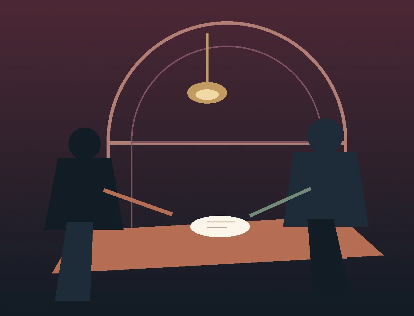 Illustration : deux silhouettes face à face autour d’une table, une feuille au centre sous une lampe.