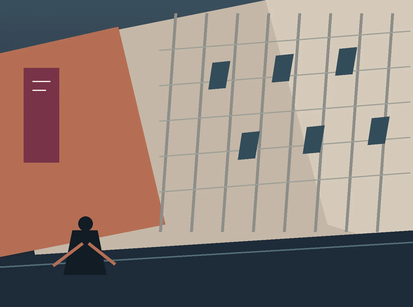 Illustration : silhouette devant une façade quadrillée et un panneau bordeaux marqué de deux traits.